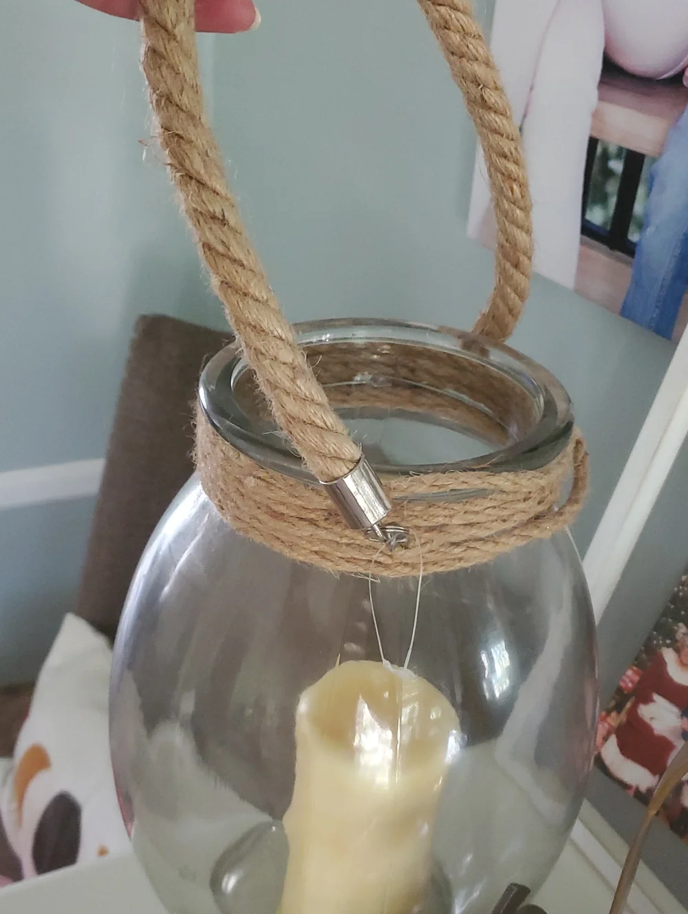 Glass Jar Lantern with Beige Rope Handle and Candle Never Used